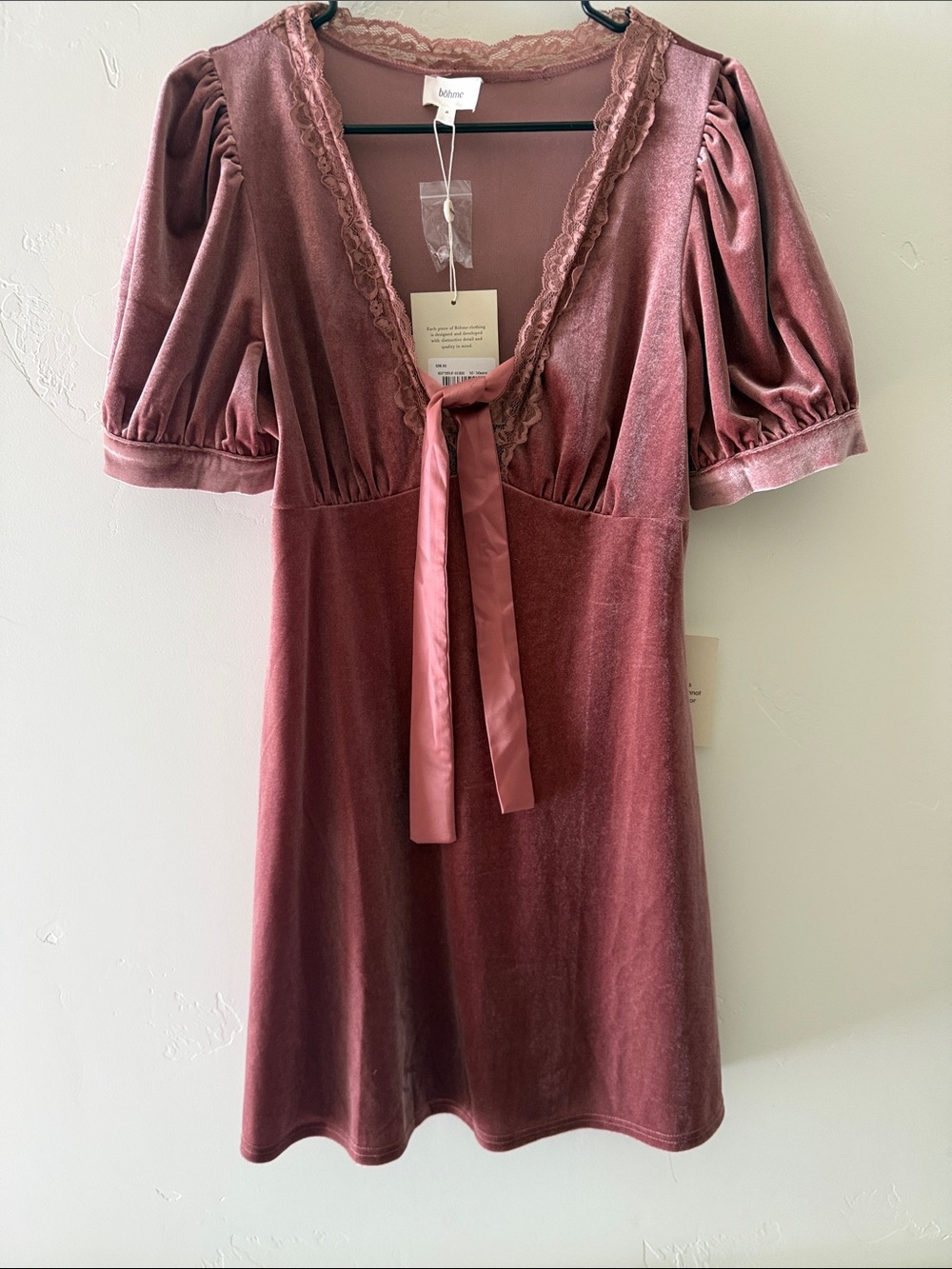 bohme Rose Velvet Lace-Trim Midi Dress M
